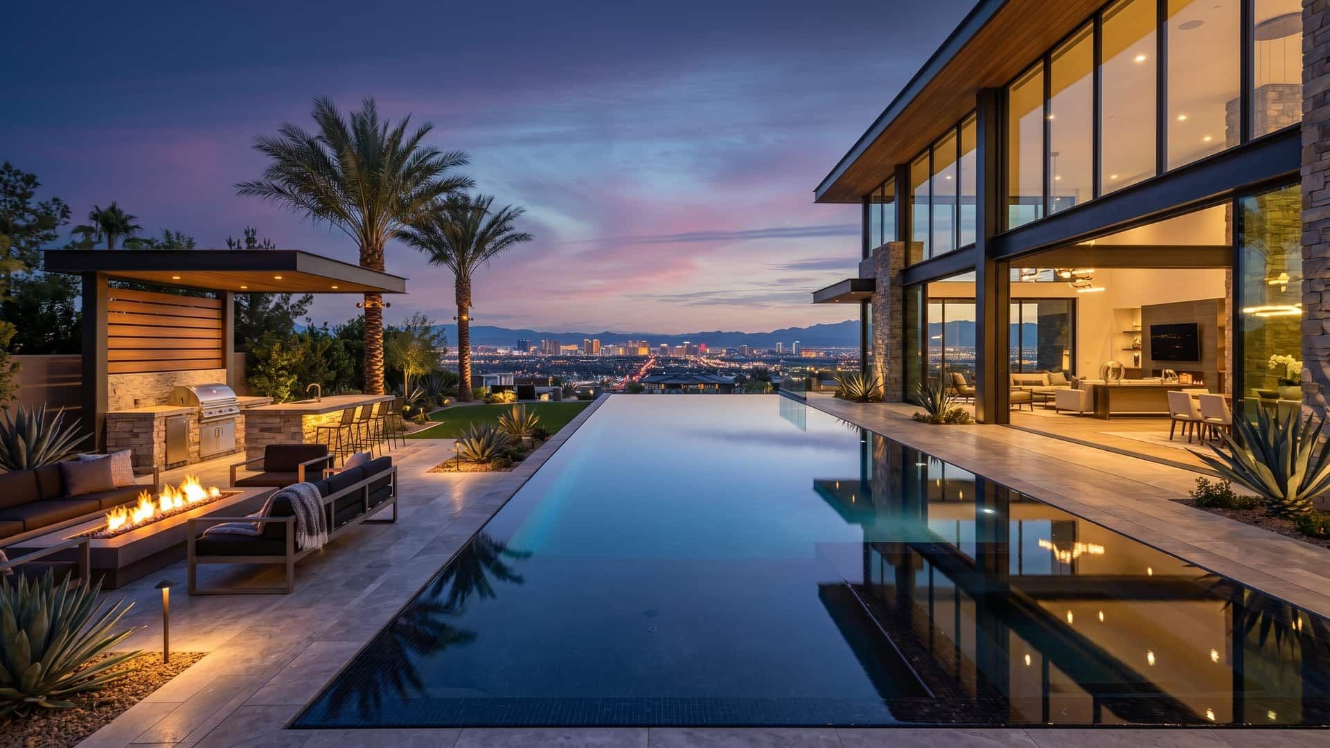 Aerial view of a Summerlin Las Vegas neighborhood at sunset with mountain backdrop